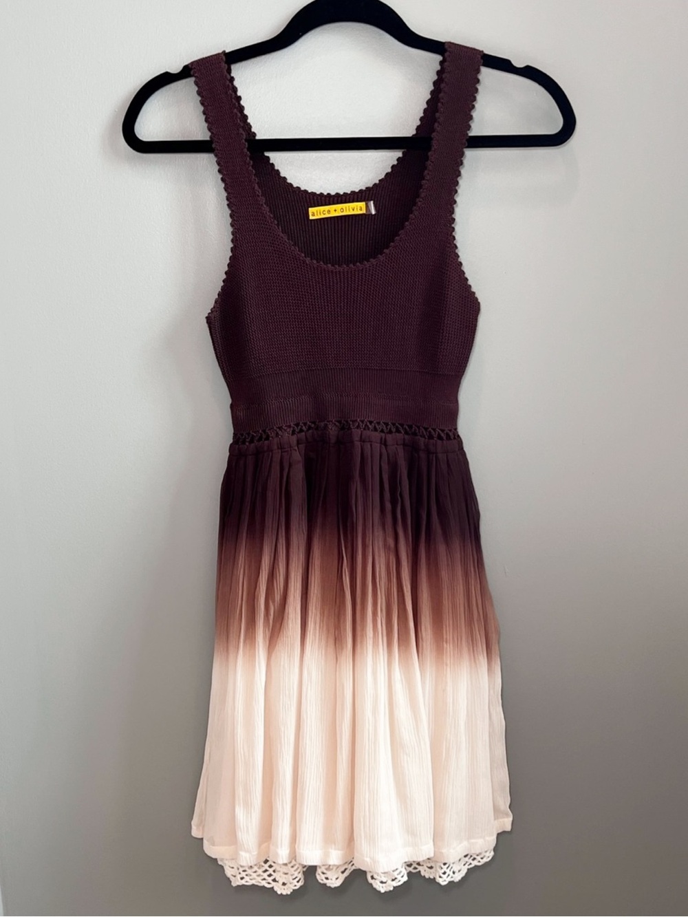 ALICE + OLIVIA Tula Silk Ombre Dress XS Brown Cream Crochet Lace Boho Resort - Picture 5 of 16
